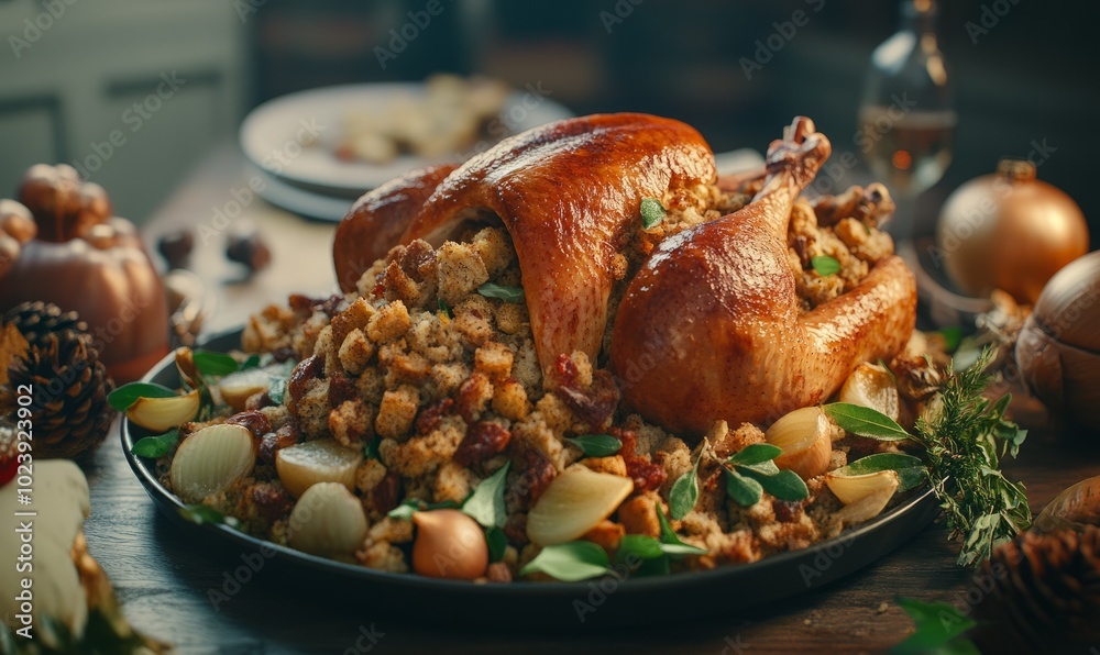 Stuffing a Christmas turkey with a savory bread stuffing, with herbs, onions, and holiday spices ready for roasting Stuffing a Christmas turkey with a savory bread stuffing, with herbs, onions, and holiday spices ready for roasting