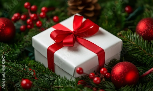 A white box with a red bow on top of it is surrounded by a bunch of Christmas