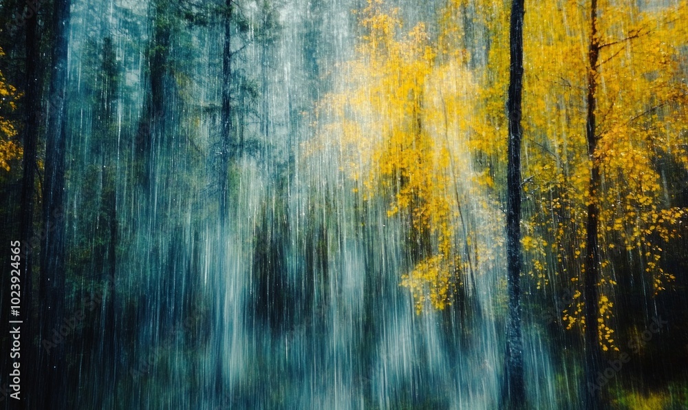 Abstract art of pouring rain in a Yukon forest, creating a fairy tale setting Abstract art of pouring rain in a Yukon forest, creating a fairy tale setting
