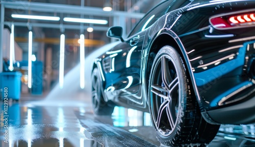 A black car is being washed with high-speed water and foam