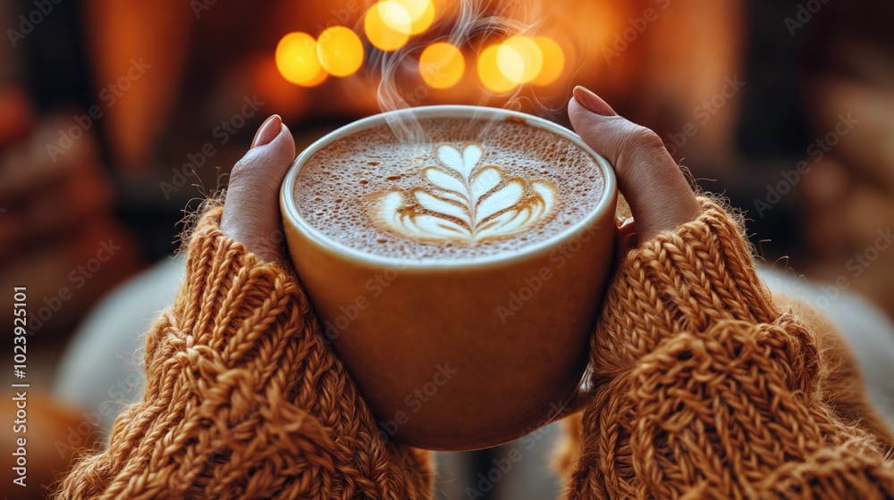 Close-up of hands holding a steaming latte with beautiful latte art, warm and cozy by the fireplace during autumn.