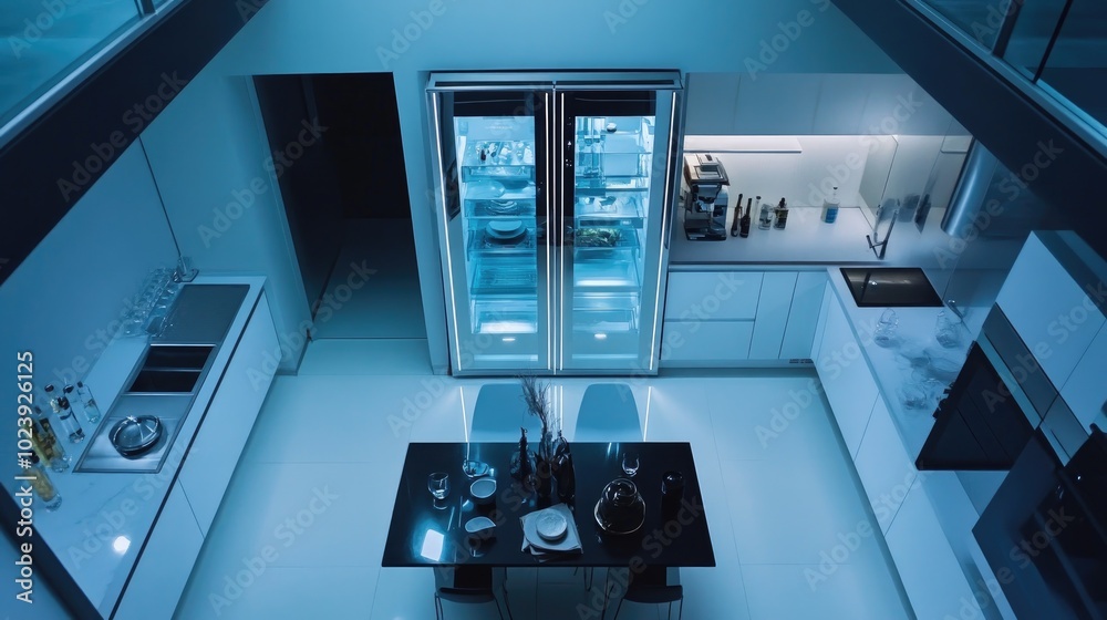 Modern Minimalist Kitchen with Blue Lighting Effects Modern Minimalist Kitchen with Blue Lighting Effects