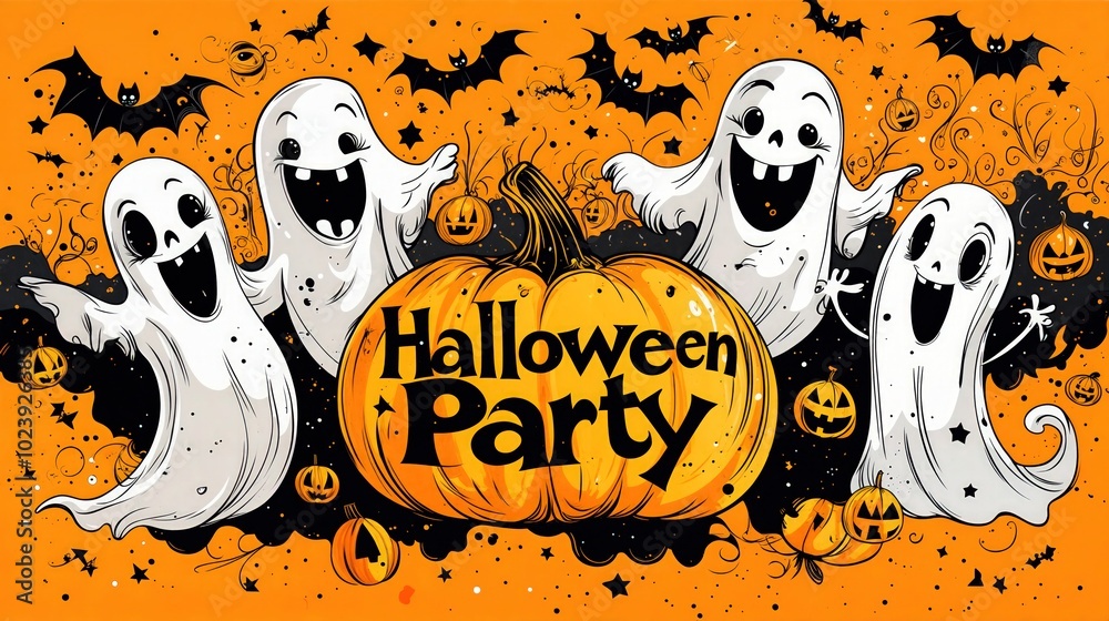 Cartoon-style Halloween party illustration with cheerful ghosts, bats, and pumpkins against a festive orange background.