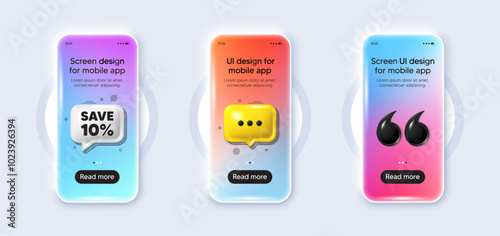Phone 3d mockup gradient screen. Save 10 percent off tag. Sale Discount offer price sign. Special offer symbol. Discount phone mockup message. 3d chat speech bubble. Yellow text box app. Vector