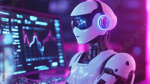 Futuristic Robot Trading Stock Market with Neon Lights