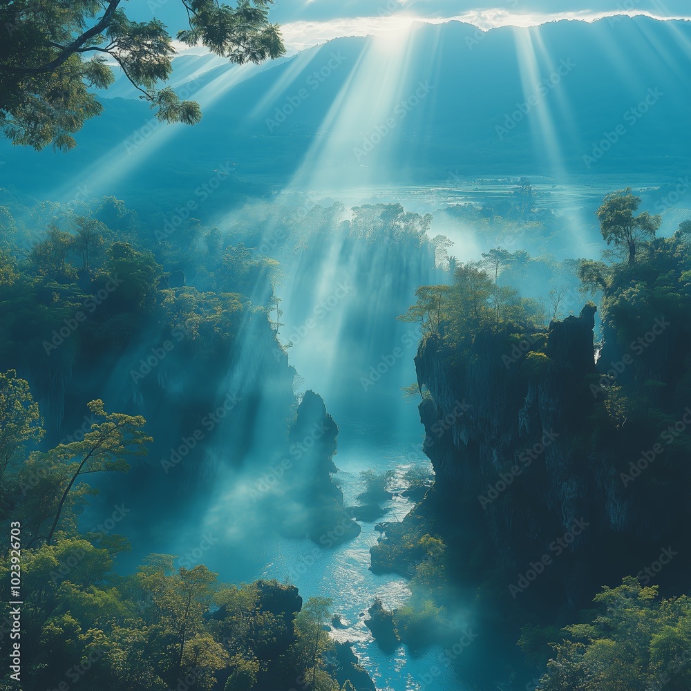 Obraz premium Sunbeams illuminating a misty river canyon