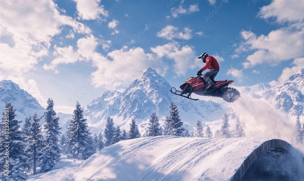Snowmobiler performing a jump off a snow-covered ramp, with mountains and snowy forests in the background Snowmobiler performing a jump off a snow-covered ramp, with mountains and snowy forests in the background