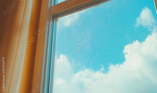 A window with water droplets on it and a blue sky in the background