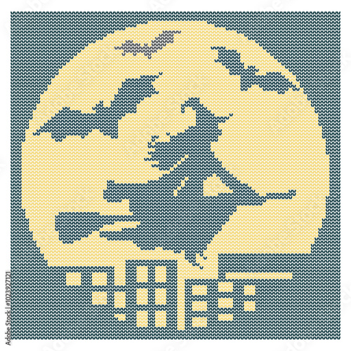 Halloween. Witch on a broom and bats over the night city. Illustration, imitation of knitted fabric. Can be used to create patterns, backgrounds, covers, souvenirs, textiles, clothes.