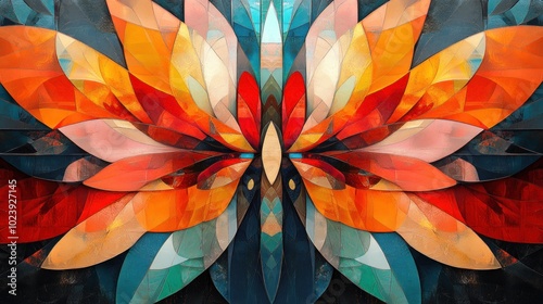 Abstract colorful symmetrical pattern with overlapping layers creating a butterfly-like shape.