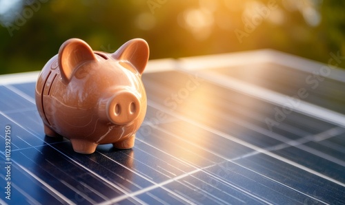 Solar energy money saving. A piggy bank money box on a solar energy panel