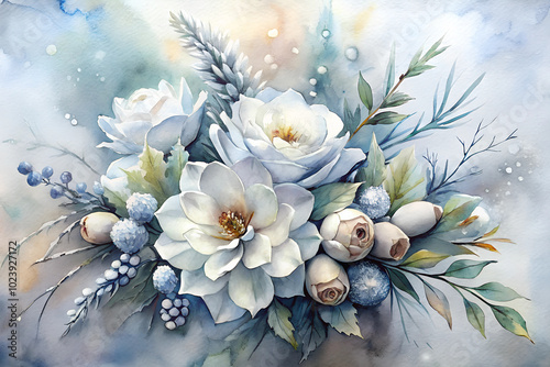 Delicate winter floral arrangement with white flowers and berries in a soft backdrop
