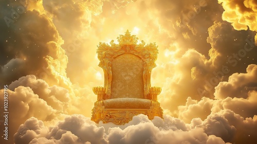 A majestic golden throne surrounded by heavenly white clouds photo