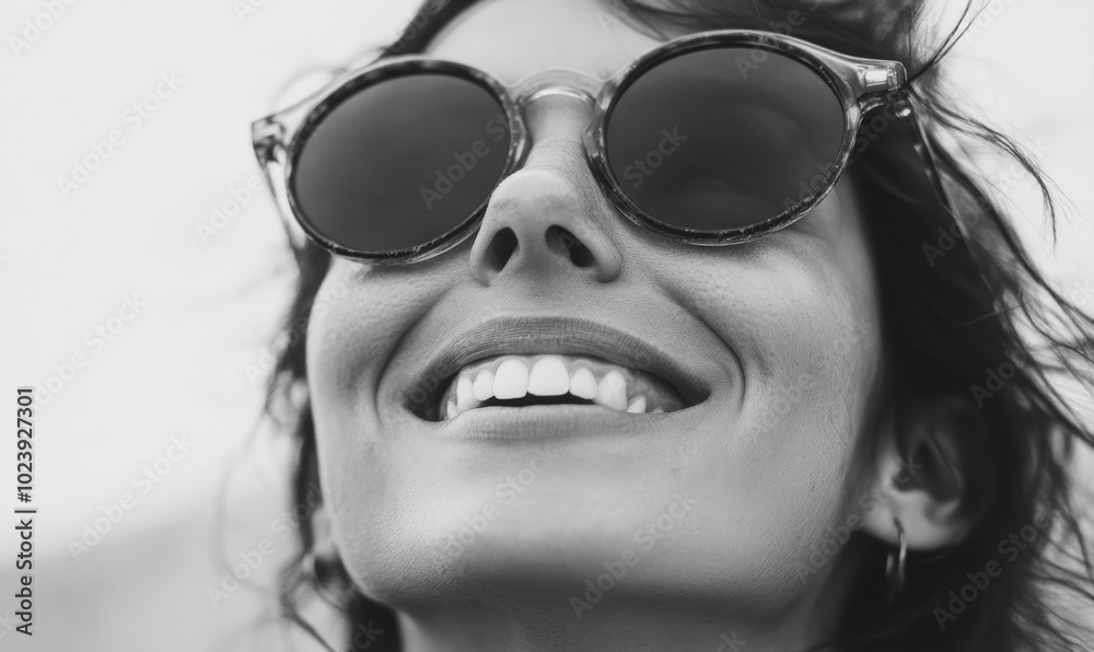 A woman with sunglasses on her face is smiling A woman with sunglasses on her face is smiling