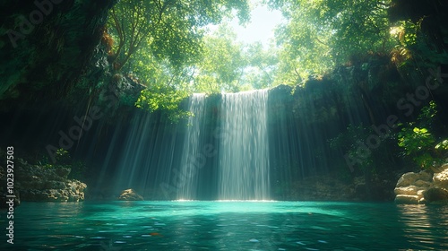 Tranquil waterfall cascading into a pristine turquoise pool, surrounded by lush green foliage.