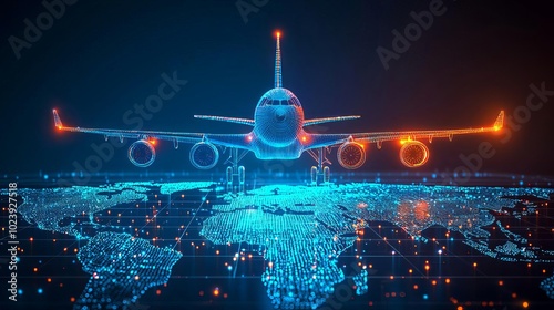 International Civil Aviation Day  Glowing airplanes on a digital flight map, neon blue and orange light symbolizing international travel, no face, vector art, high resolution photo