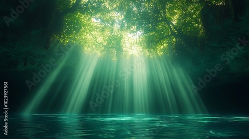 Sunlight beams through a canopy of trees and into a dark cave with a still pool of water at the bottom.