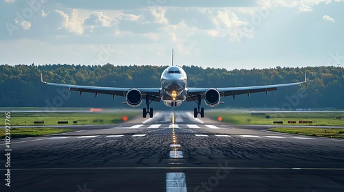 International Civil Aviation Day  Jetliner taking off from runway, no human figures shown photo