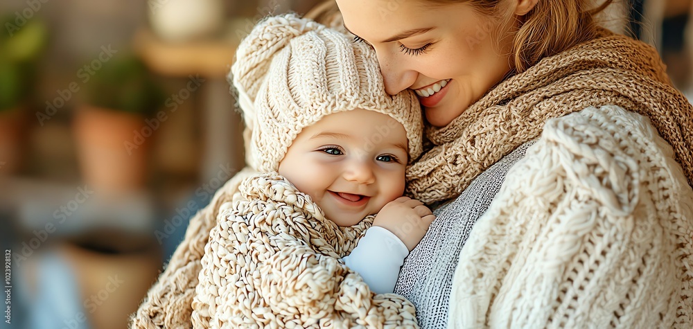 Obraz premium Smiling mother holding her baby in cozy knitted scarves indoors.