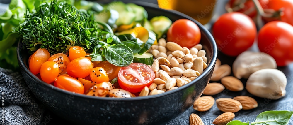 A colorful bowl of fresh vegetables, nuts, and seeds on a rustic surface. A colorful bowl of fresh vegetables, nuts, and seeds on a rustic surface.