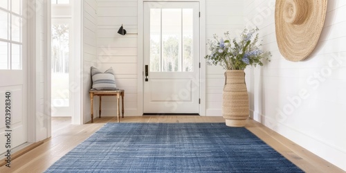 A coastal farmhouse entryway with white ship lap walls, blue accents like navy luxurious woven area rug and stylish decor, creating an inviting beachside home entrance