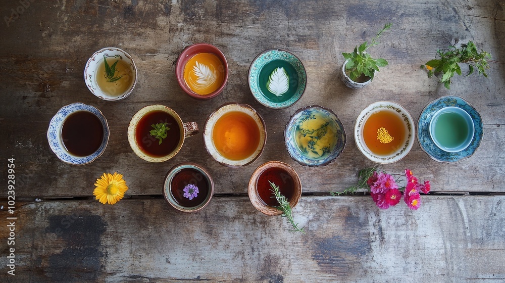 Colorful Tea Selection on Rustic Table Colorful Tea Selection on Rustic Table