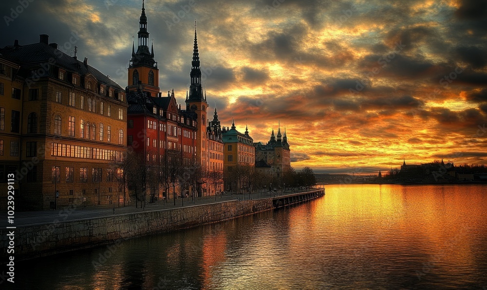 Fototapeta premium Stockholm Old Town at sunset, Sweden
