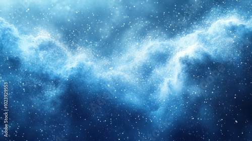 A cosmic scene depicting swirling blue clouds and stars in a vast space environment.