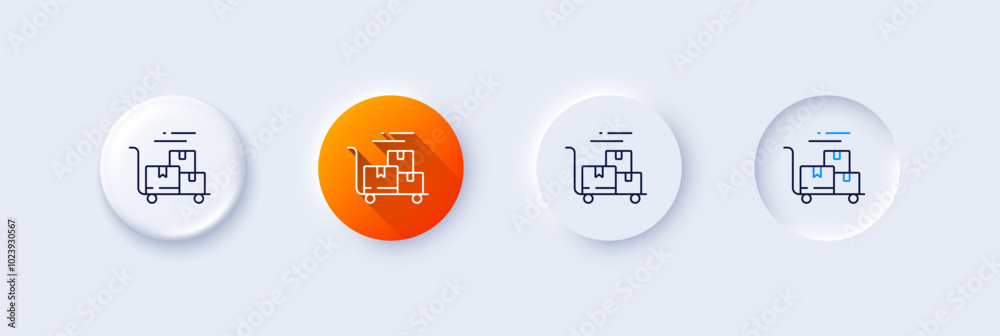 Delivery cart line icon. Neumorphic, Orange gradient, 3d pin buttons. Parcel trolley sign. Express service symbol. Line icons. Neumorphic buttons with outline signs. Vector Delivery cart line icon. Neumorphic, Orange gradient, 3d pin buttons. Parcel trolley sign. Express service symbol. Line icons. Neumorphic buttons with outline signs. Vector