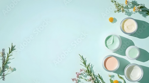 1. A top view image showcasing a selection of pure natural cosmetic products, including cream, mask, and lotion, arranged beautifully on a soft pastel background, with ample copy space for branding photo