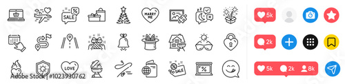 Fishing rod, Heart flame and Grill line icons pack. Social media icons. Home grill, Hat-trick, Honeymoon travel web icon. Love, Journey, Sunglasses pictogram. Vector