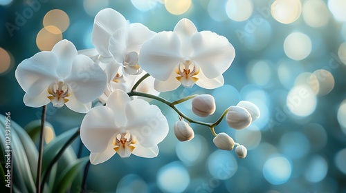 White orchid flowers with blurred blue and gold background. photo