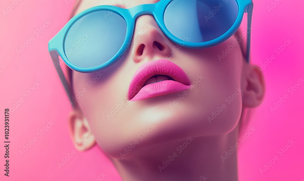 A woman with blue sunglasses and pink lips A woman with blue sunglasses and pink lips
