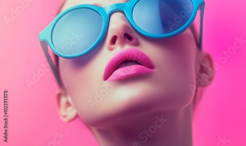 A woman with blue sunglasses and pink lips