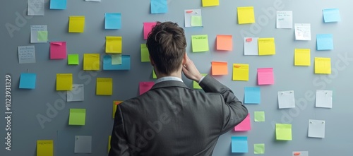 A man in business attire looks at the back of his head, standing against a wall covered with colorful sticky notes