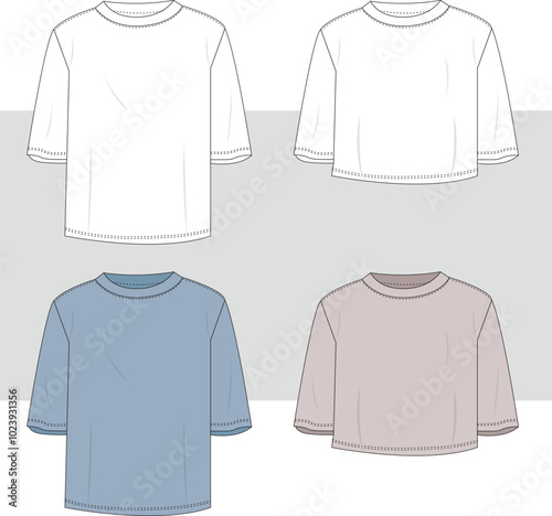Basic T-shirt set drawing. technical Sketch fashion Flat Template With Round neckline, elbow sleeves, oversized, cropped. woman and man set tee shirt. Unisex T-Shirt fashion