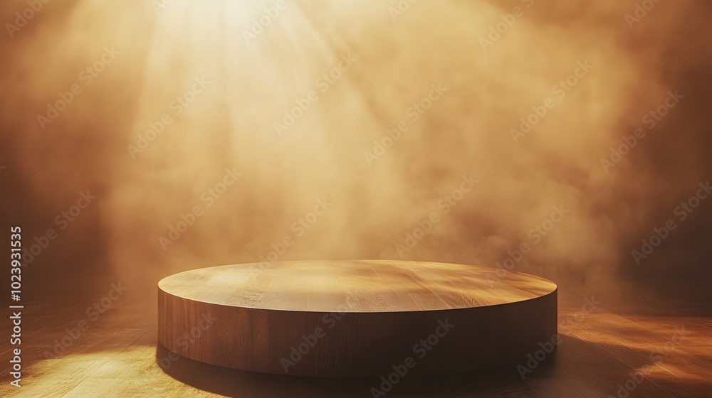2. A serene scene featuring a round wooden podium illuminated from behind, with ethereal haze in soft golden brown shades, perfect for highlighting products or presentations 2. A serene scene featuring a round wooden podium illuminated from behind, with ethereal haze in soft golden brown shades, perfect for highlighting products or presentations