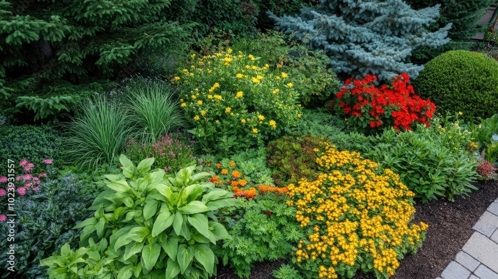 Vibrant Garden with Colorful Flowers and Lush Foliage