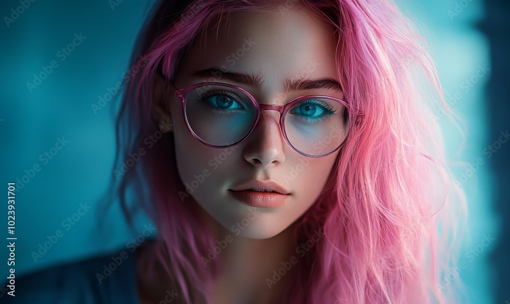 A woman with pink hair and glasses is looking at the camera A woman with pink hair and glasses is looking at the camera