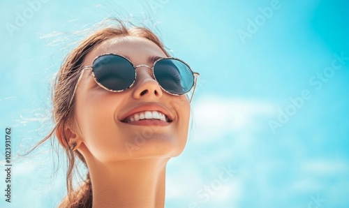 A woman with sunglasses on her face is smiling