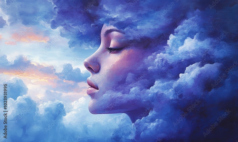 A woman's face is shown in a blue and purple sky A woman's face is shown in a blue and purple sky