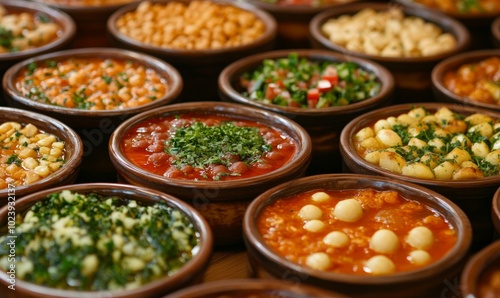 Still life close up variety of Israeli meze appetizers in bowls