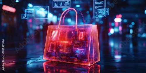  Transparent neon handbag with embedded tech gadgets and data floating around, representing futuristic fashion and wearable technology trends. photo