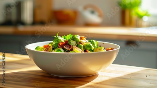 Roasted Brussels sprouts with bacon and herbs in a white bowl on a kitchen table 