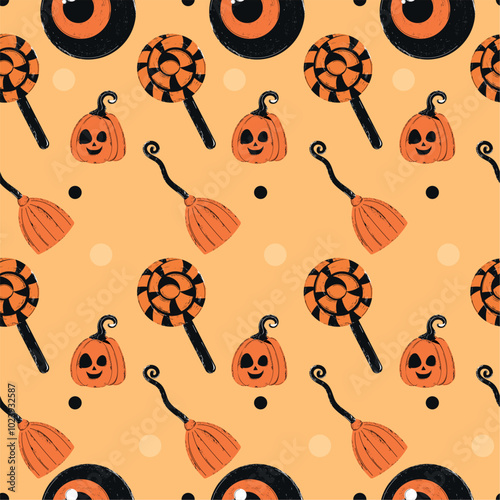 Halloween pumpkins, candy, and broomstick pattern, Vector