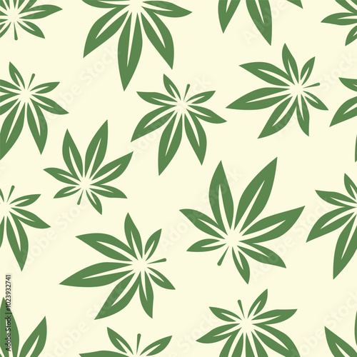 Vector Seamless Pattern with Flat Cannabis Leaves. Hemp, Cannabis Green Leaf on White Background. Seamless Print with Medical Marijuana. Vector Illustration