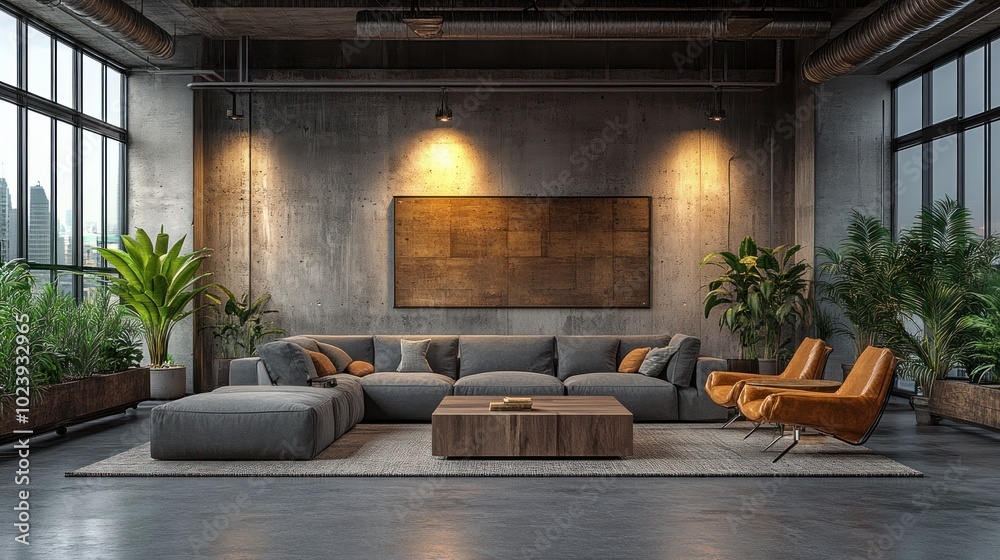 Industrial style living room with a large sectional sofa, two armchairs, a coffee table, and plants in front of large windows. Industrial style living room with a large sectional sofa, two armchairs, a coffee table, and plants in front of large windows.