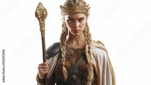 In a stunning depiction Frigg the Scandinavian goddess holds her ornate staff exuding strength and wisdom set against a minimalist white backdrop.