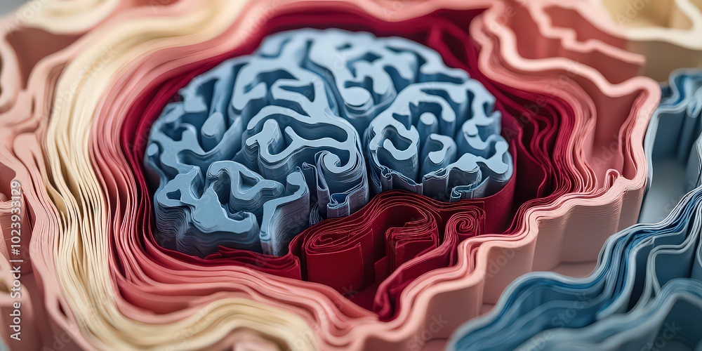 Fototapeta premium close-up of paper cutouts arranged in the symbolic shapes of a heart and brain, using contrasting colors to highlight the emotional and intellectual aspects