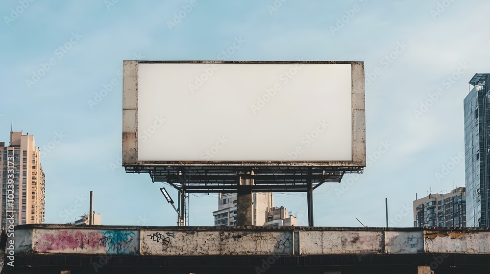 5. A striking composition featuring an empty billboard on a building, providing a blank canvas for an info banner, with surrounding urban elements adding context to the scene 5. A striking composition featuring an empty billboard on a building, providing a blank canvas for an info banner, with surrounding urban elements adding context to the scene